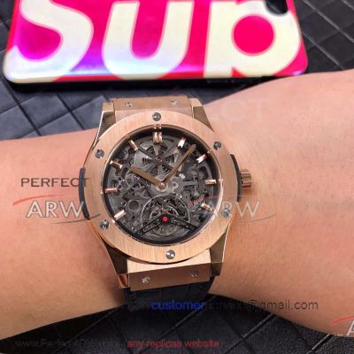 Perfect Replica Hublot Classic Fusion Rose Gold Case Hollow Tourbillon Face 43mm Watch